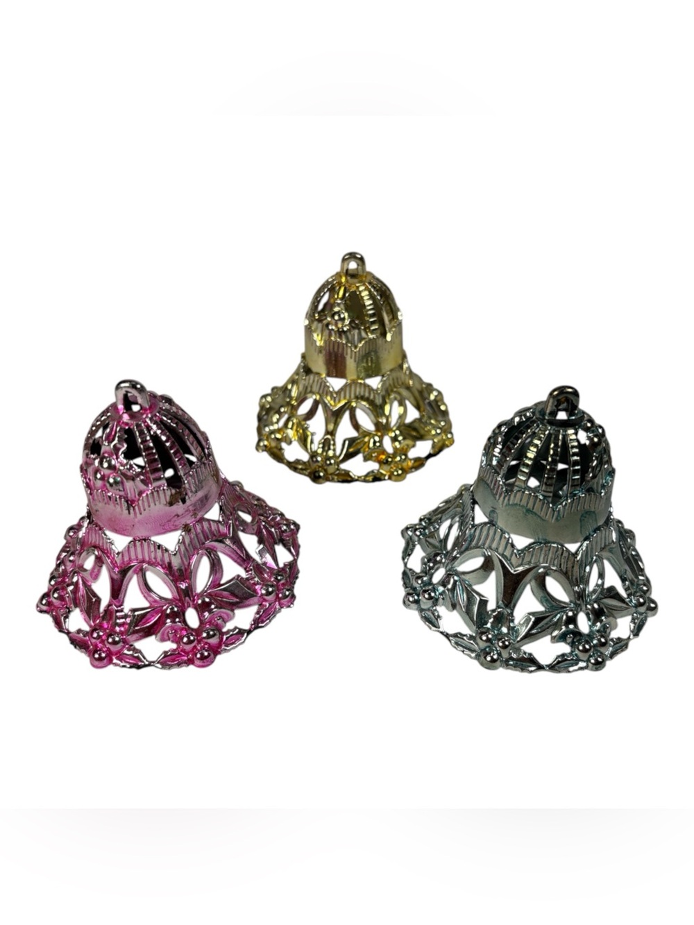 Vintage 2" Bradford Plastic Filigree Bell Christmas Ornament Lot of 3 Multicolor
